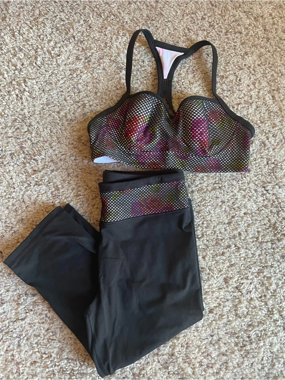 VICTORIA’S SECRET Black Mesh Sports Bra and Leggings with Pink Floral Underlay